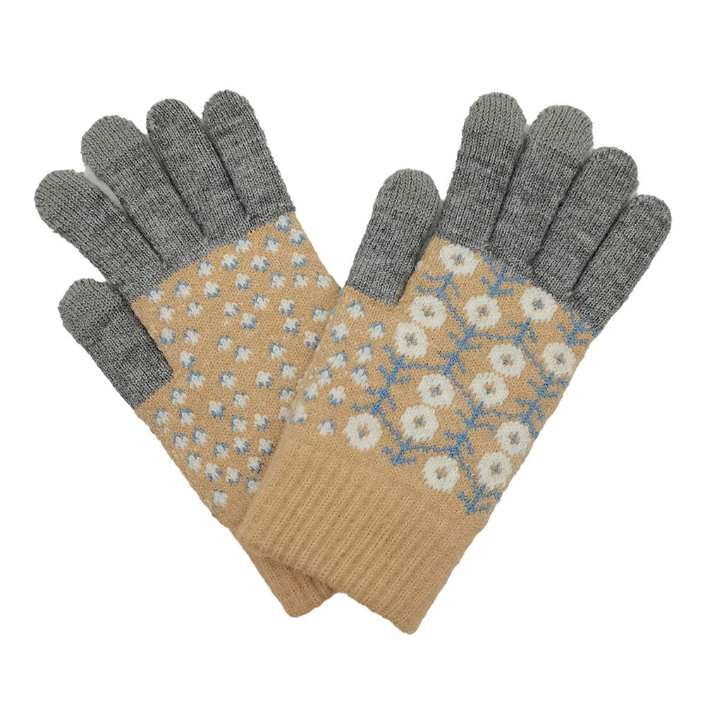 Flower Knit Gloves - Gray