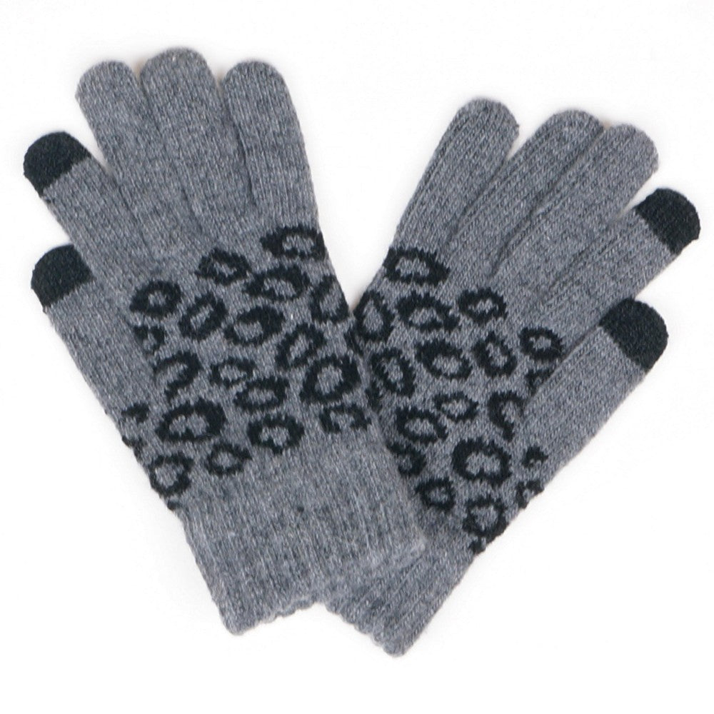 Leopard Print Smart Touch Gloves - Dark Grey