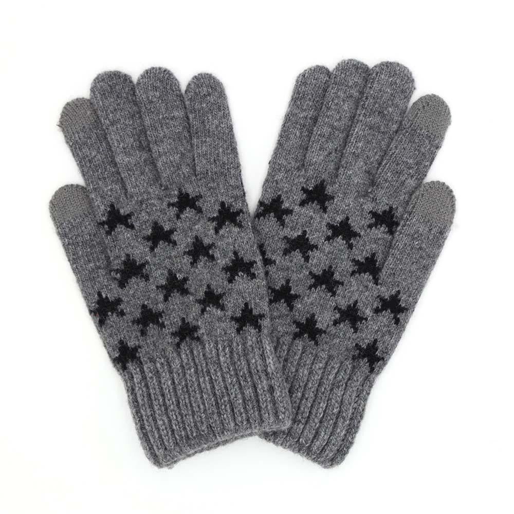 Star Print Knit Gloves - Grey