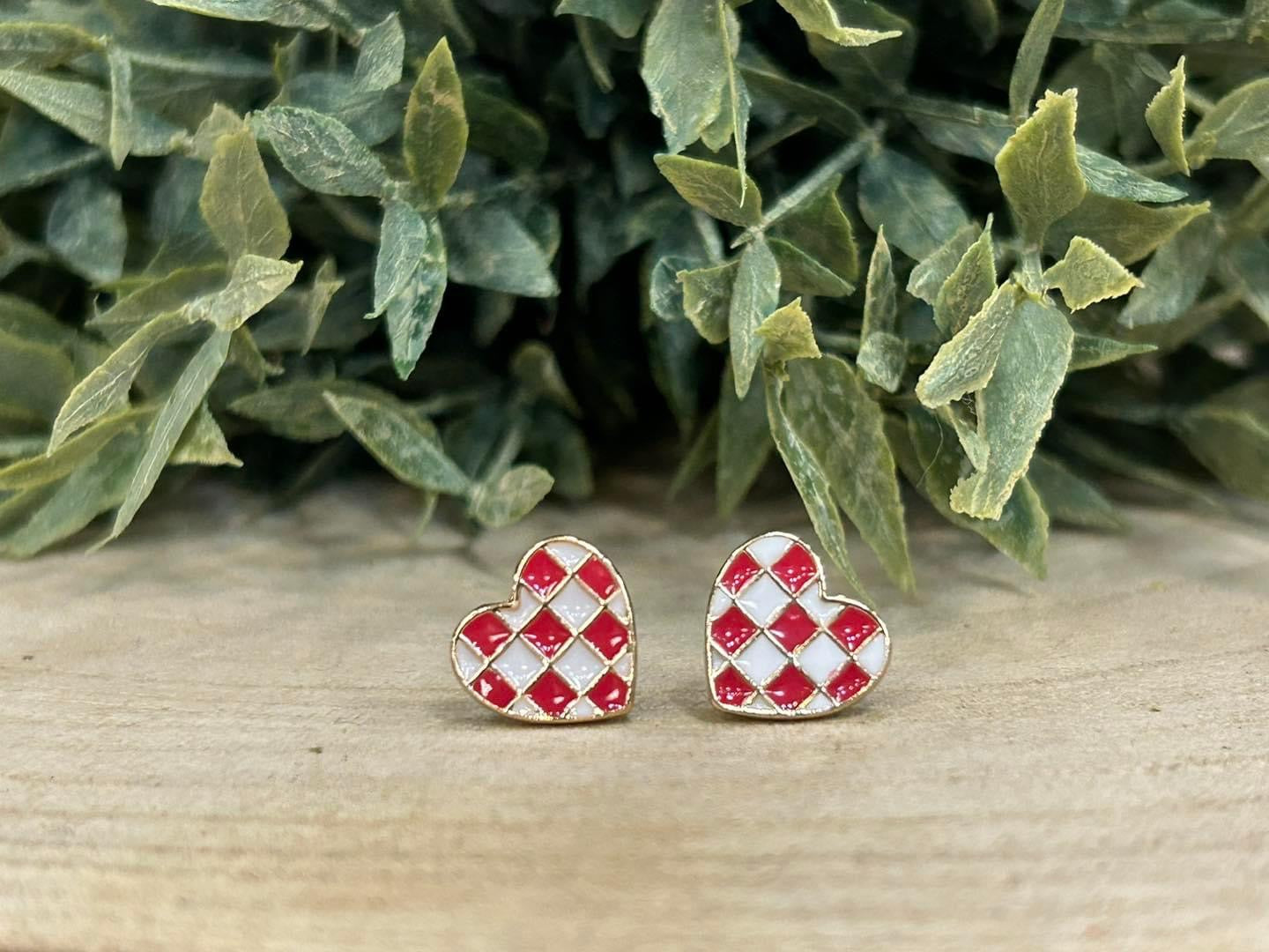 Red & White Checkered Heart Earrings