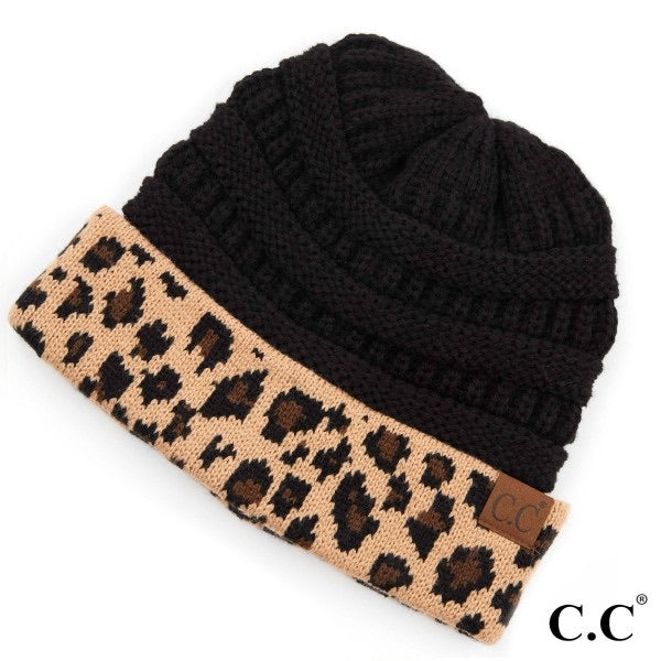 C.C Beanie with Leopard Cuff - Black