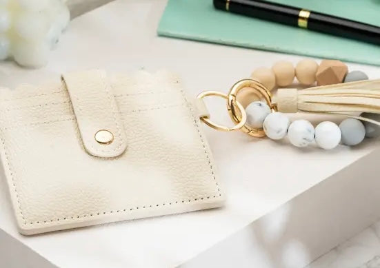 Leather Keychain Wallet Wristlet Bracelet - Light Cream