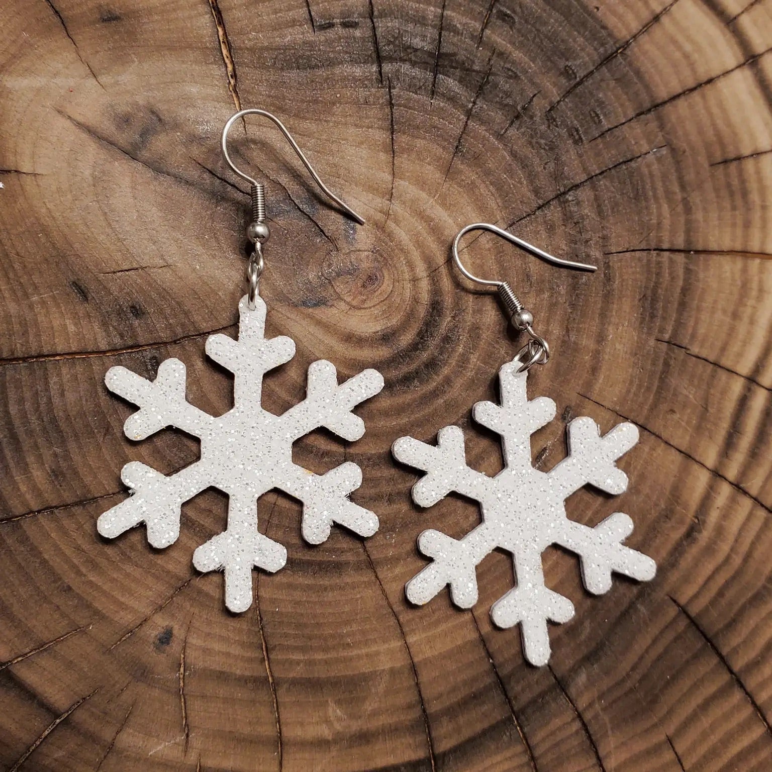 White Glitter Snowflake Leather Earrings