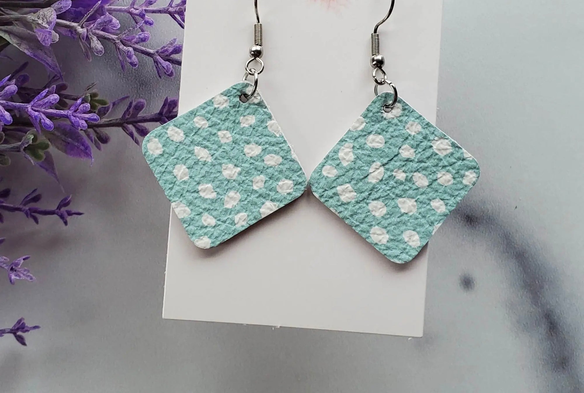 Mint with White Polka Dots Leather Earrings