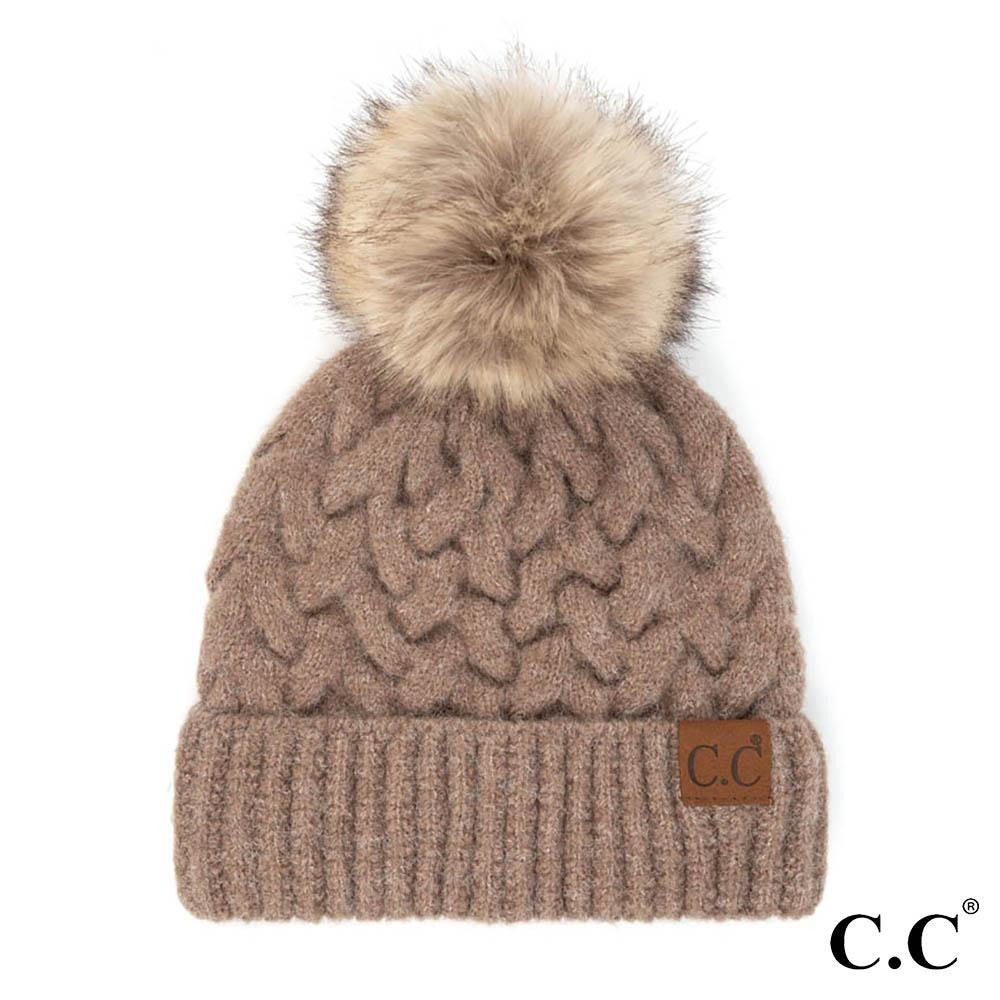 C.C Braid Cable Beanie with Pom - Taupe