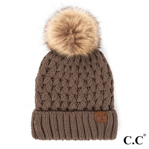 C.C Lattice Crossover Beanie with Pom - Earth Brown