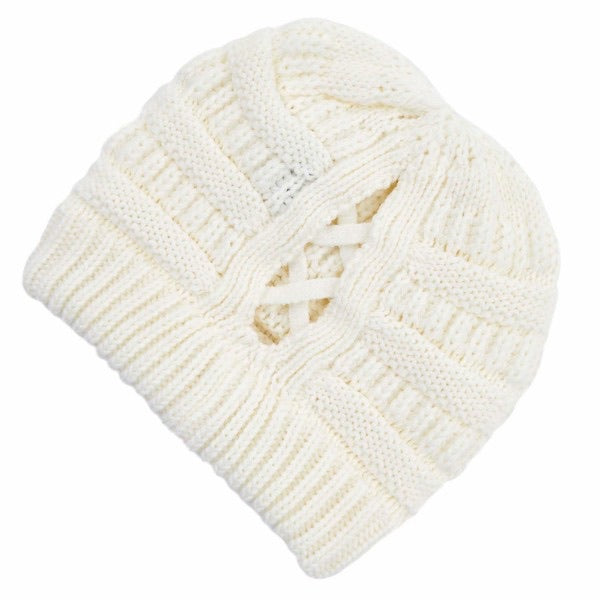 C.C Beanie with Criss Cross Ponytail Detail - Ivory