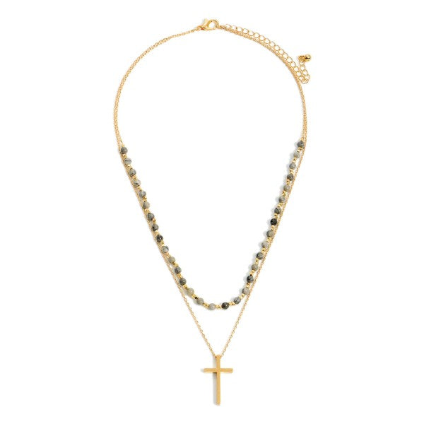 Double Stranded Necklace with Cross Pendant - Grey