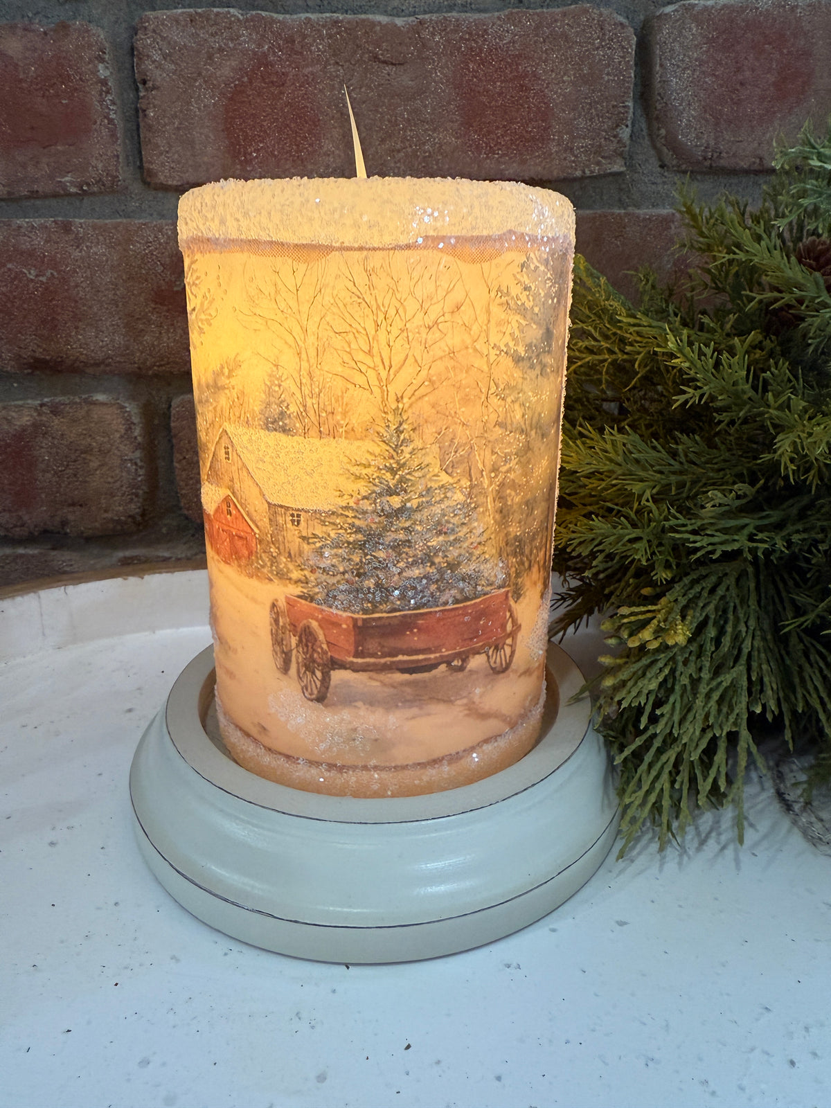 Vintage Snowy Farm Candle Sleeve