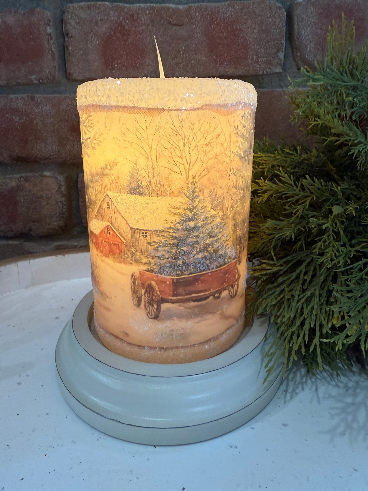 Vintage Snowy Farm Candle Sleeve