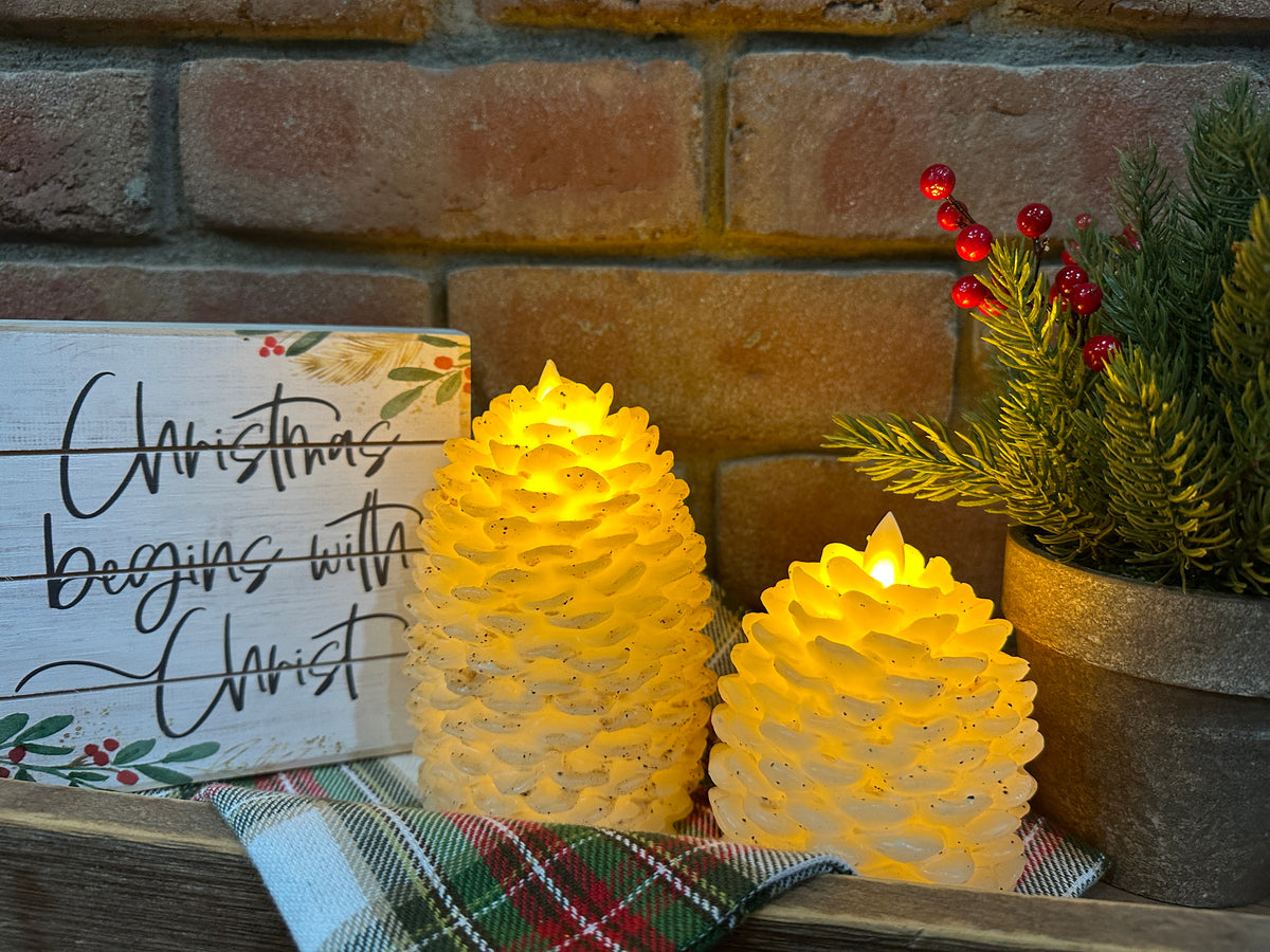 Moving Flame White Pinecone Candle - 2 Sizes