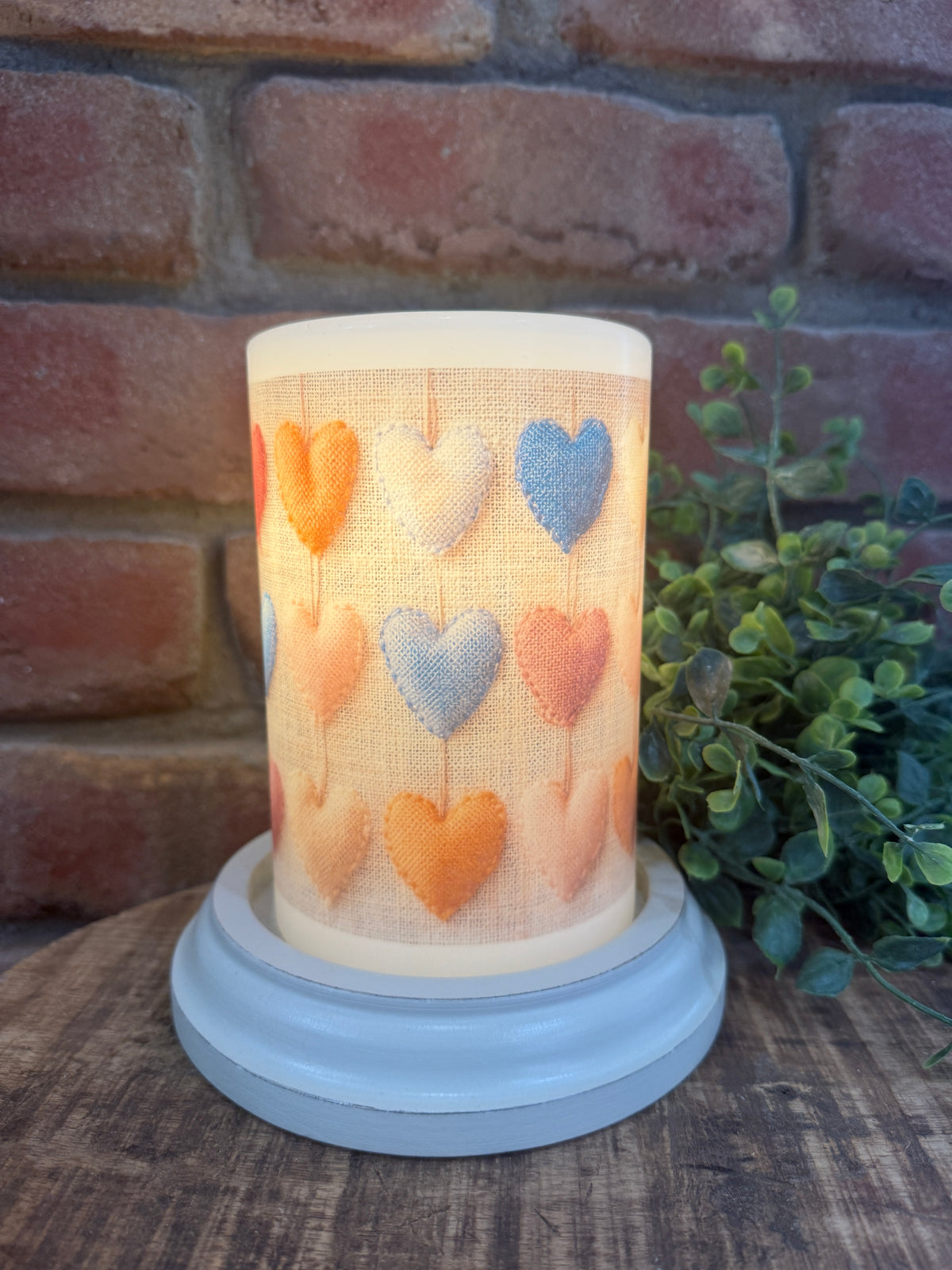 Rainbow Burlap Hearts Candle Sleeve