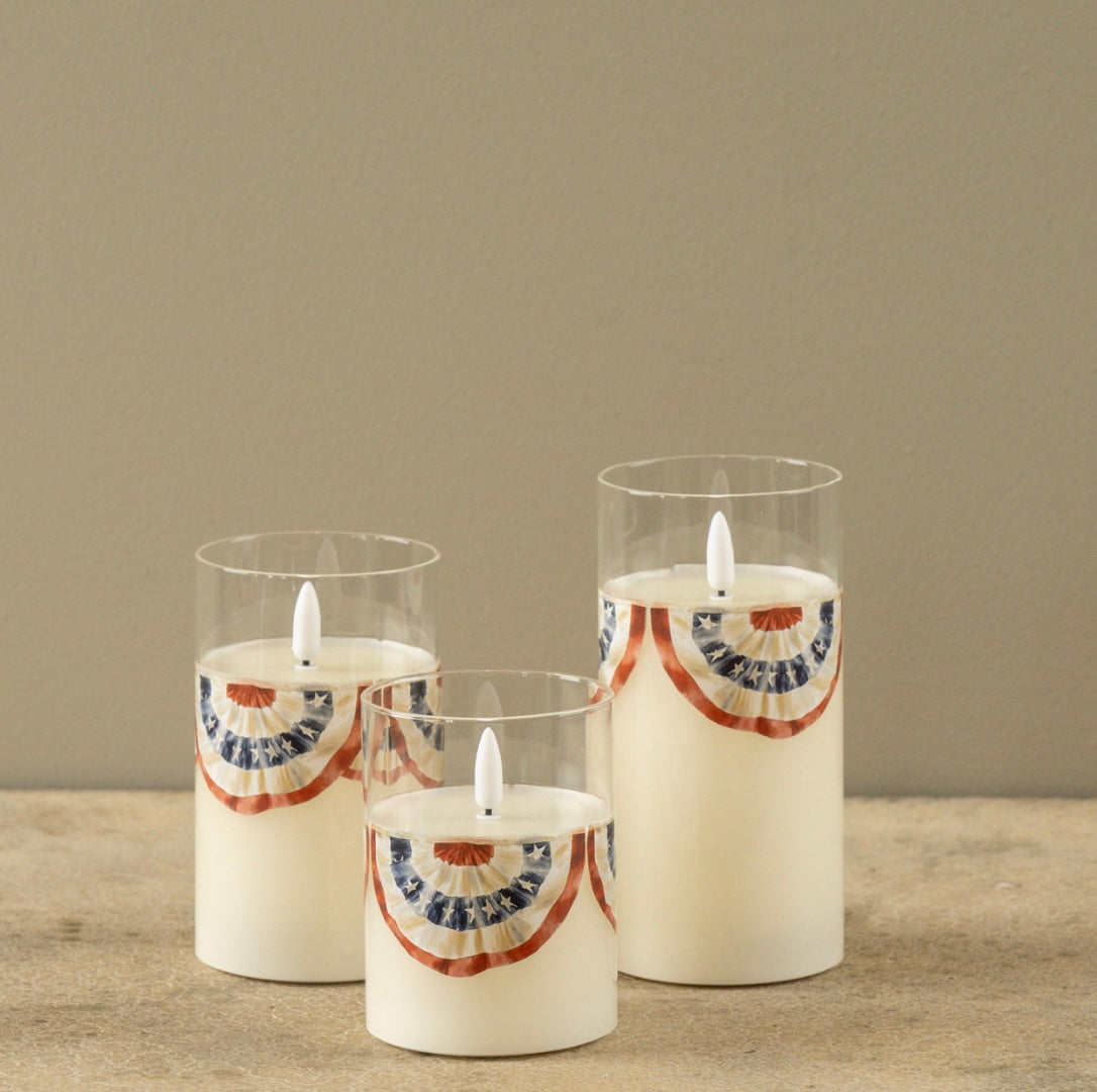 Patriotic Bunting Glass 3D Flame Candle - 3 Sizes