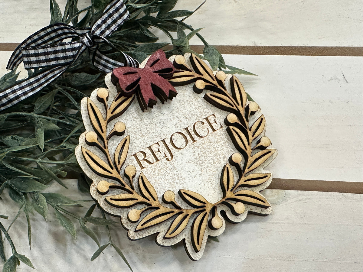 Handmade Rejoice Wreath Ornament