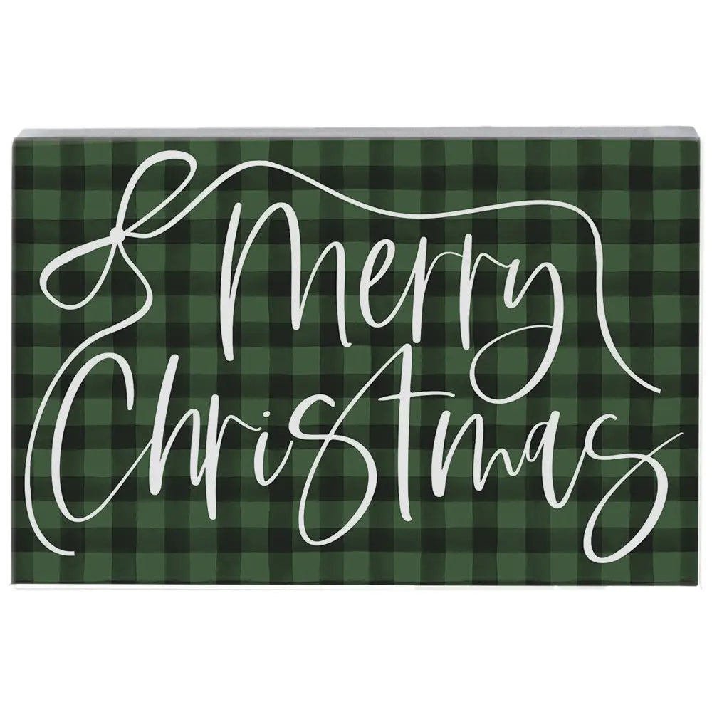 Merry Christmas Green Plaid Wood Block Sign