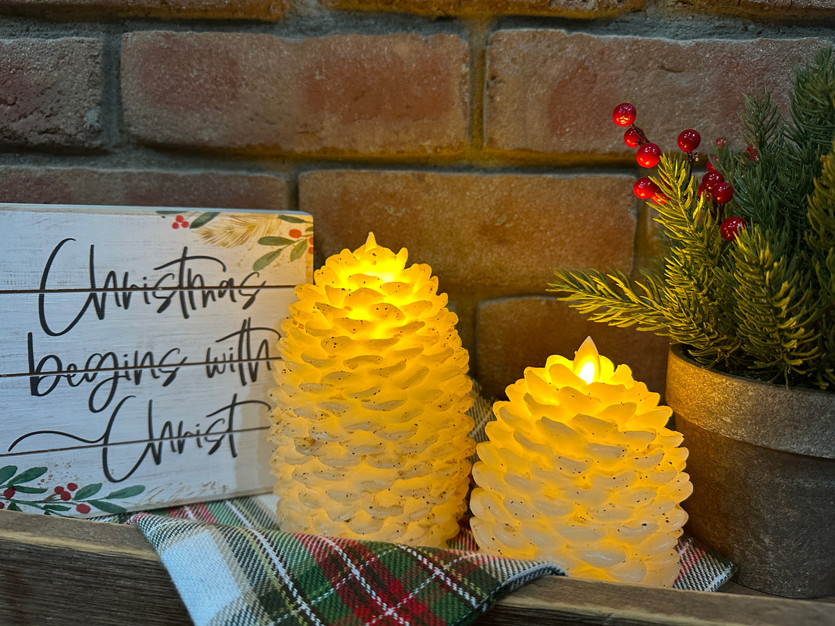 Moving Flame White Pinecone Candle - 2 Sizes