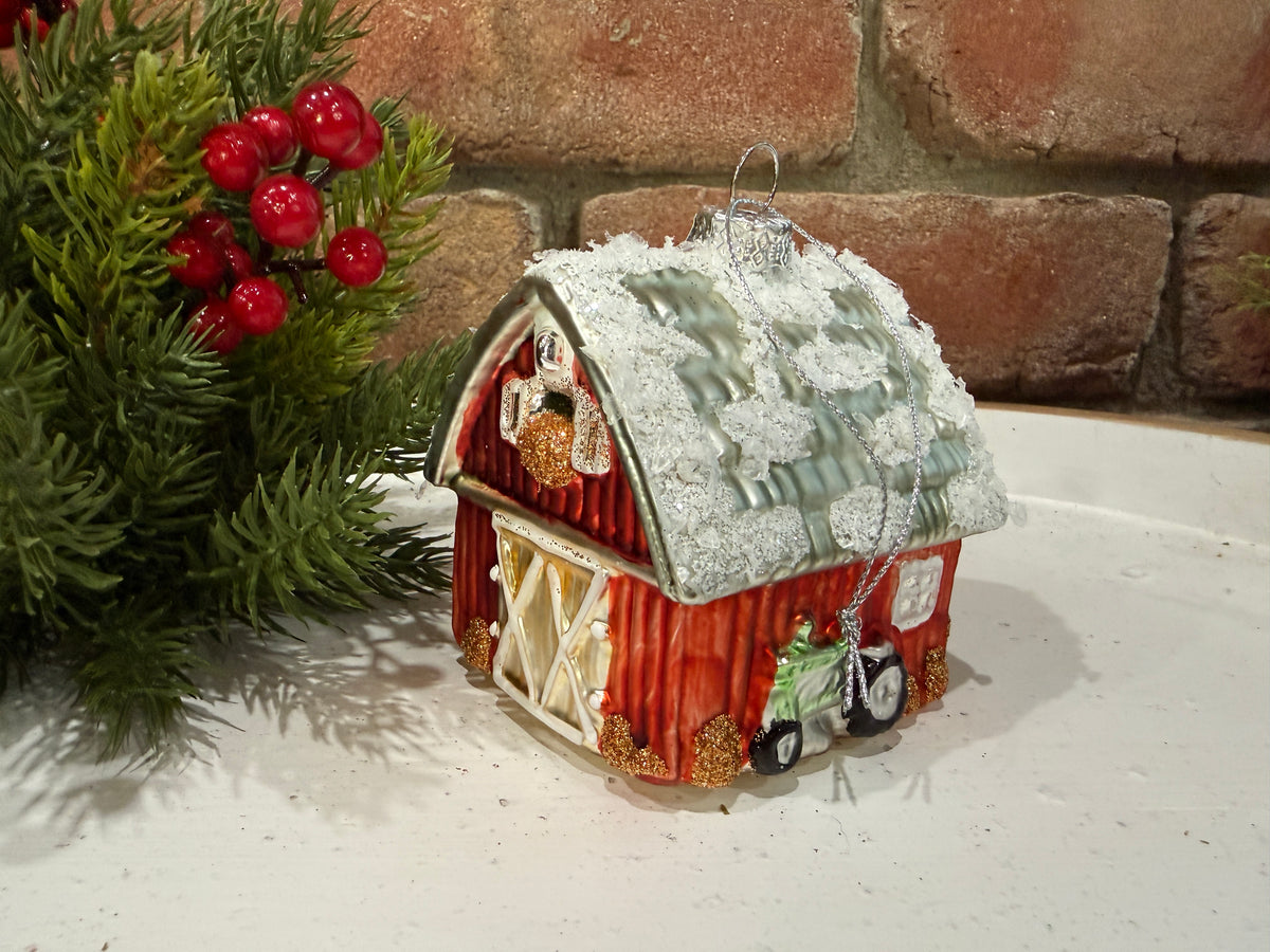Winter Barn with Tractor Ornament