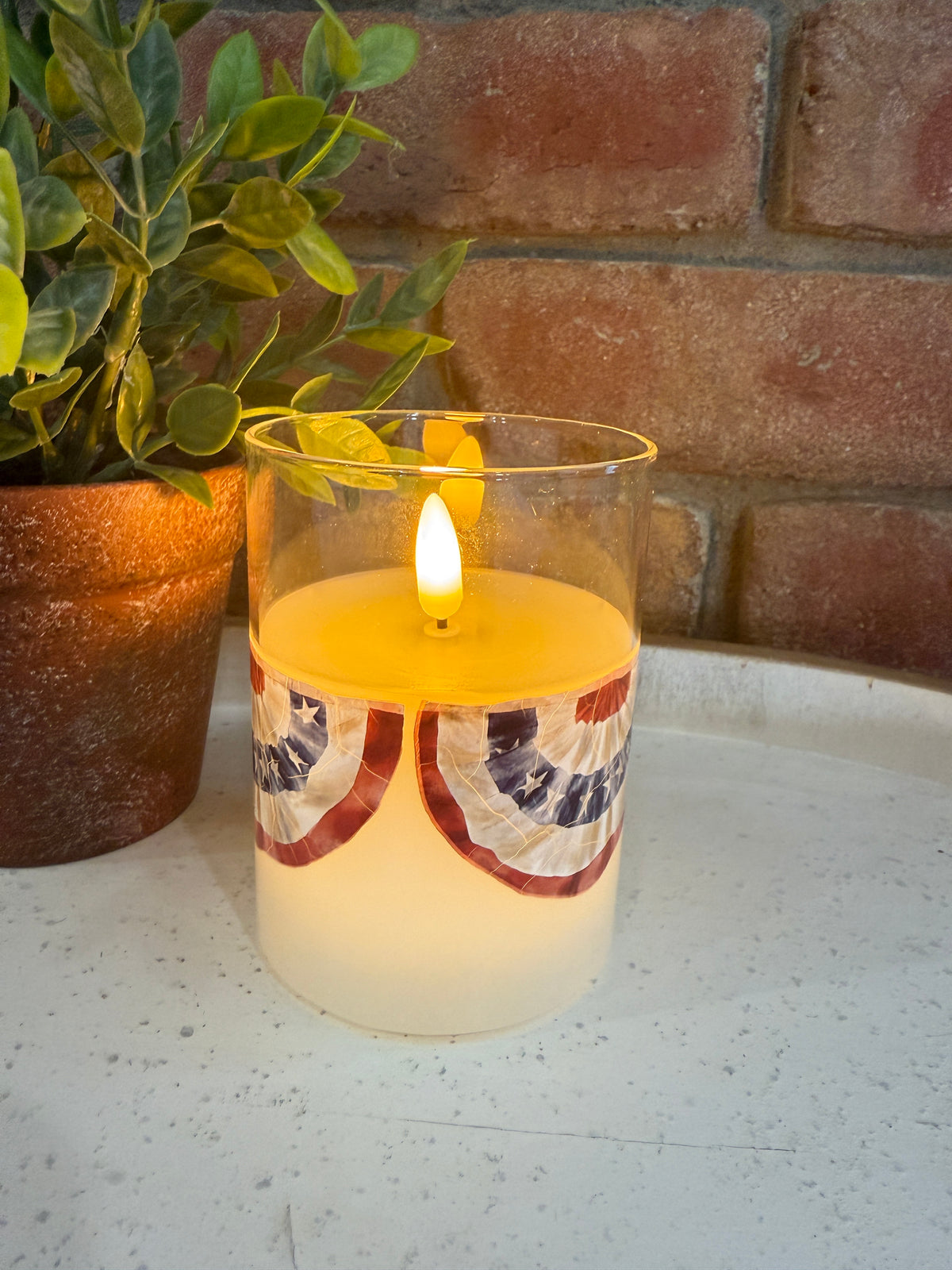 Patriotic Bunting Glass 3D Flame Candle - 3 Sizes
