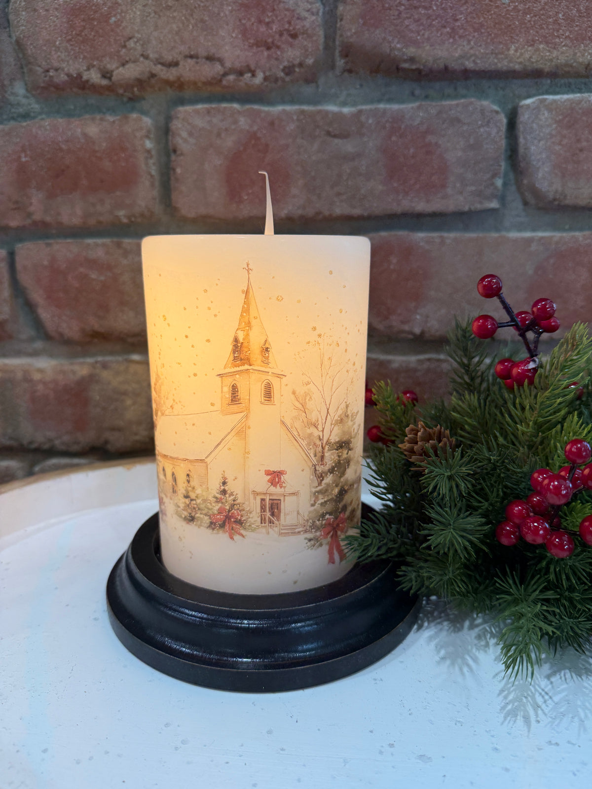 Winter Christmas Chapel Candle Sleeve