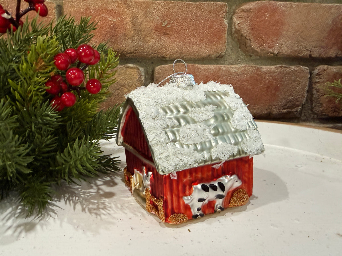 Winter Barn with Tractor Ornament
