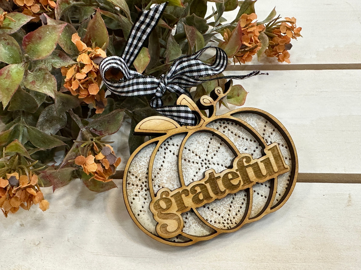 Handmade Grateful Pumpkin Ornament - White
