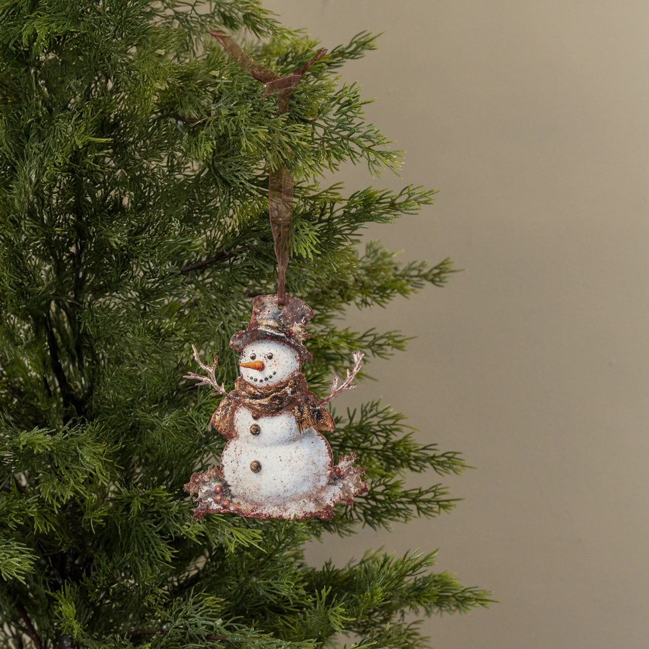 Holly Snowman Metal Ornament