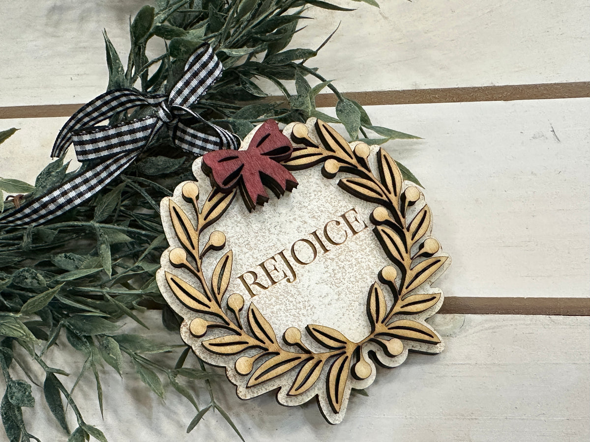 Handmade Rejoice Wreath Ornament