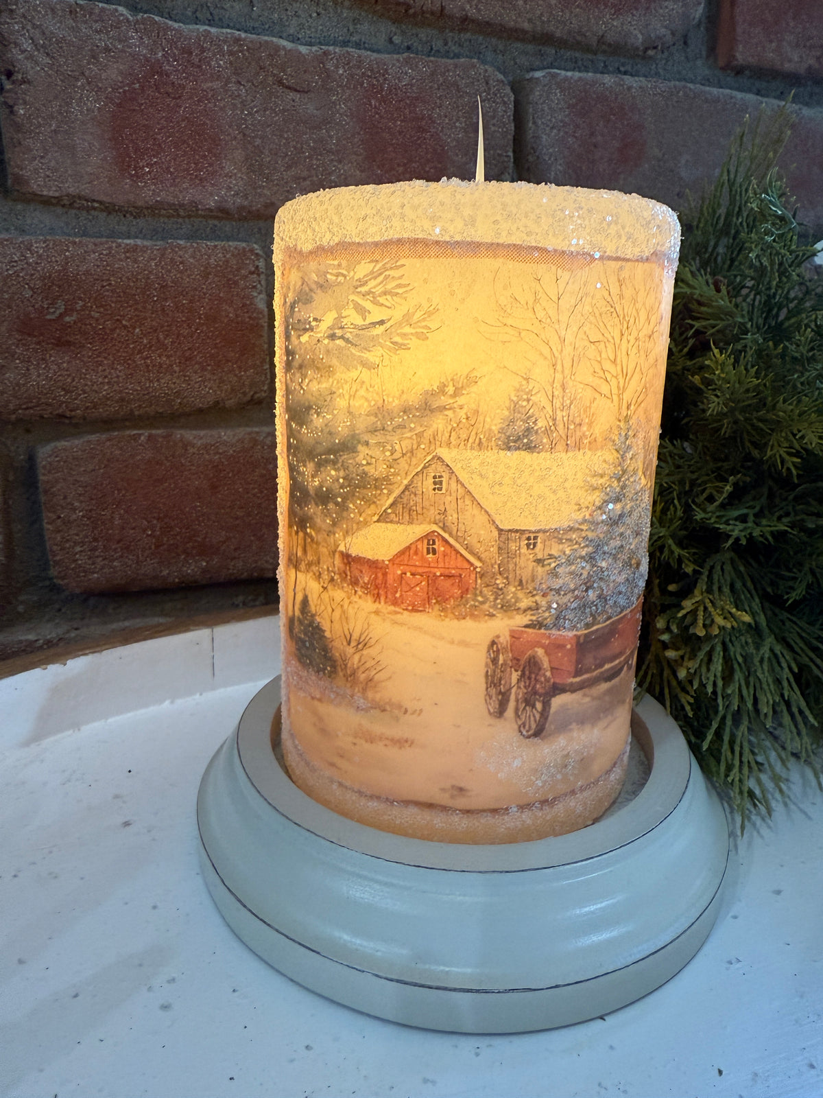 Vintage Snowy Farm Candle Sleeve