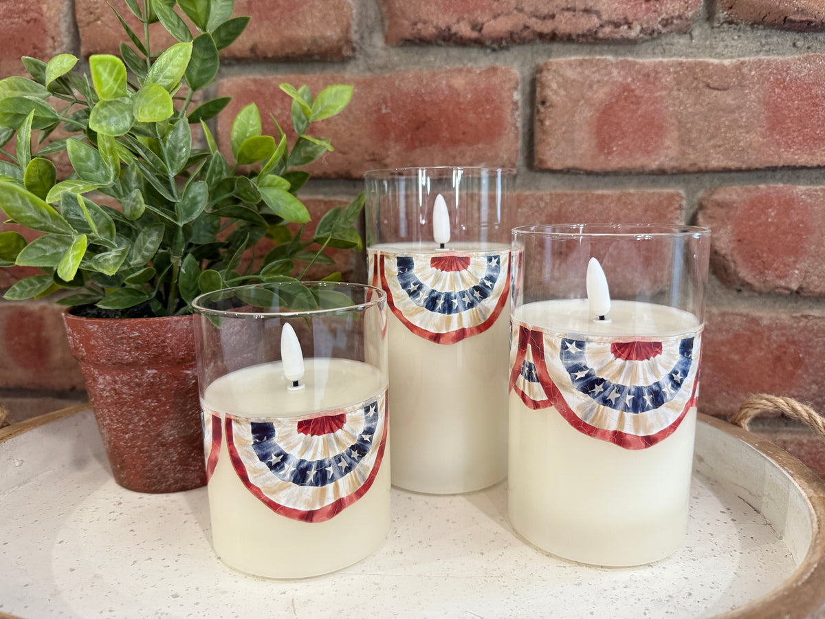 Patriotic Bunting Glass 3D Flame Candle - 3 Sizes