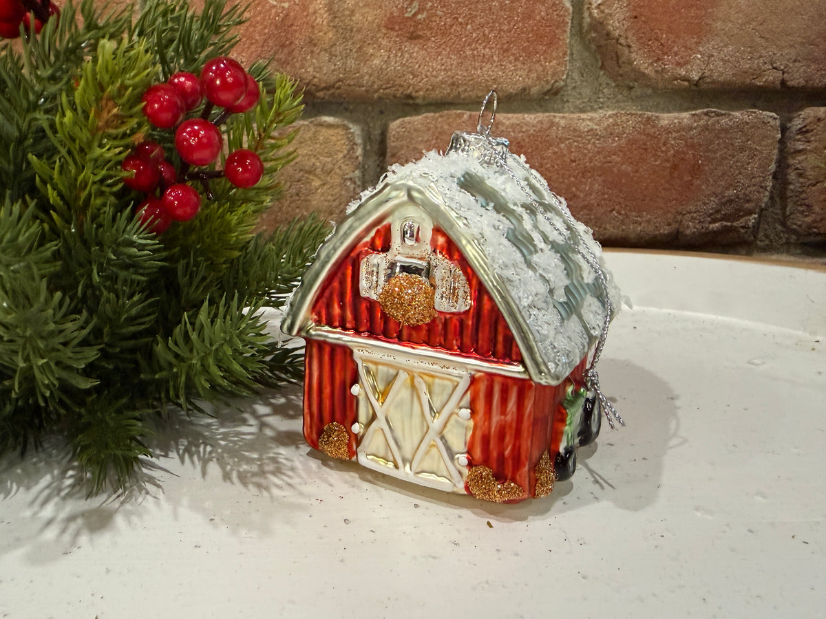 Winter Barn with Tractor Ornament