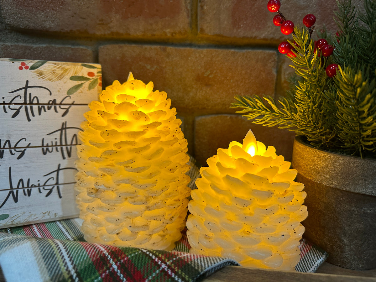 Moving Flame White Pinecone Candle - 2 Sizes