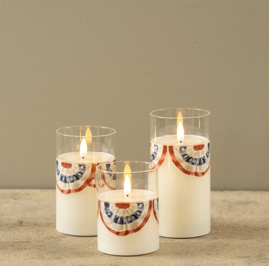 Patriotic Bunting Glass 3D Flame Candle - 3 Sizes