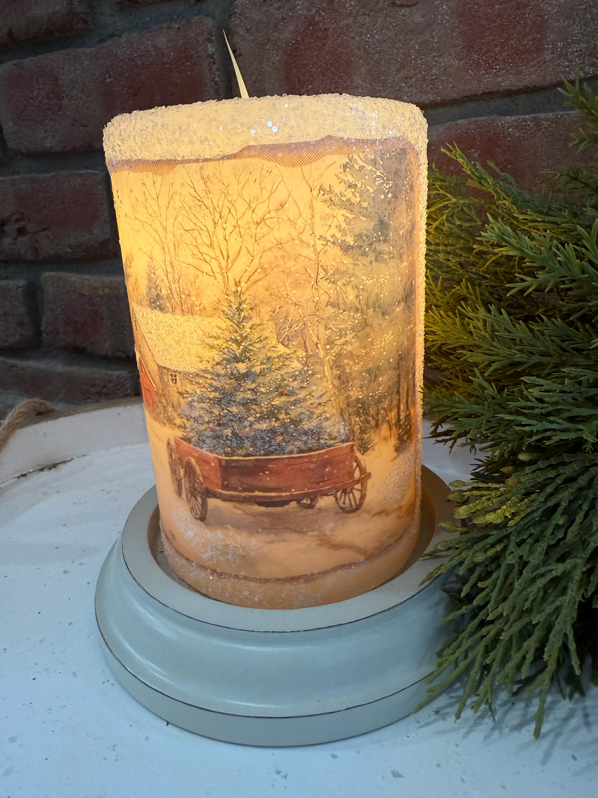 Vintage Snowy Farm Candle Sleeve