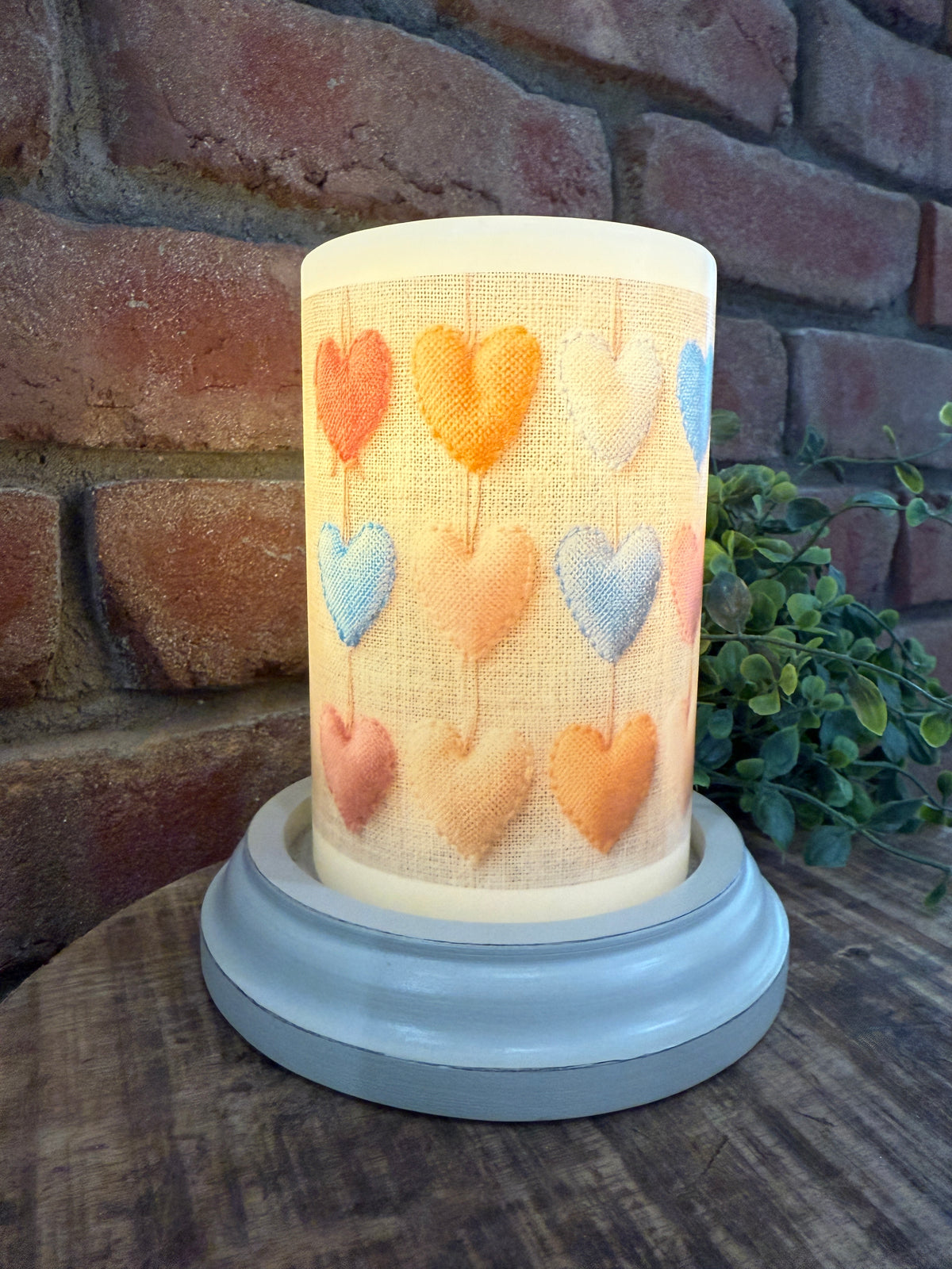 Rainbow Burlap Hearts Candle Sleeve