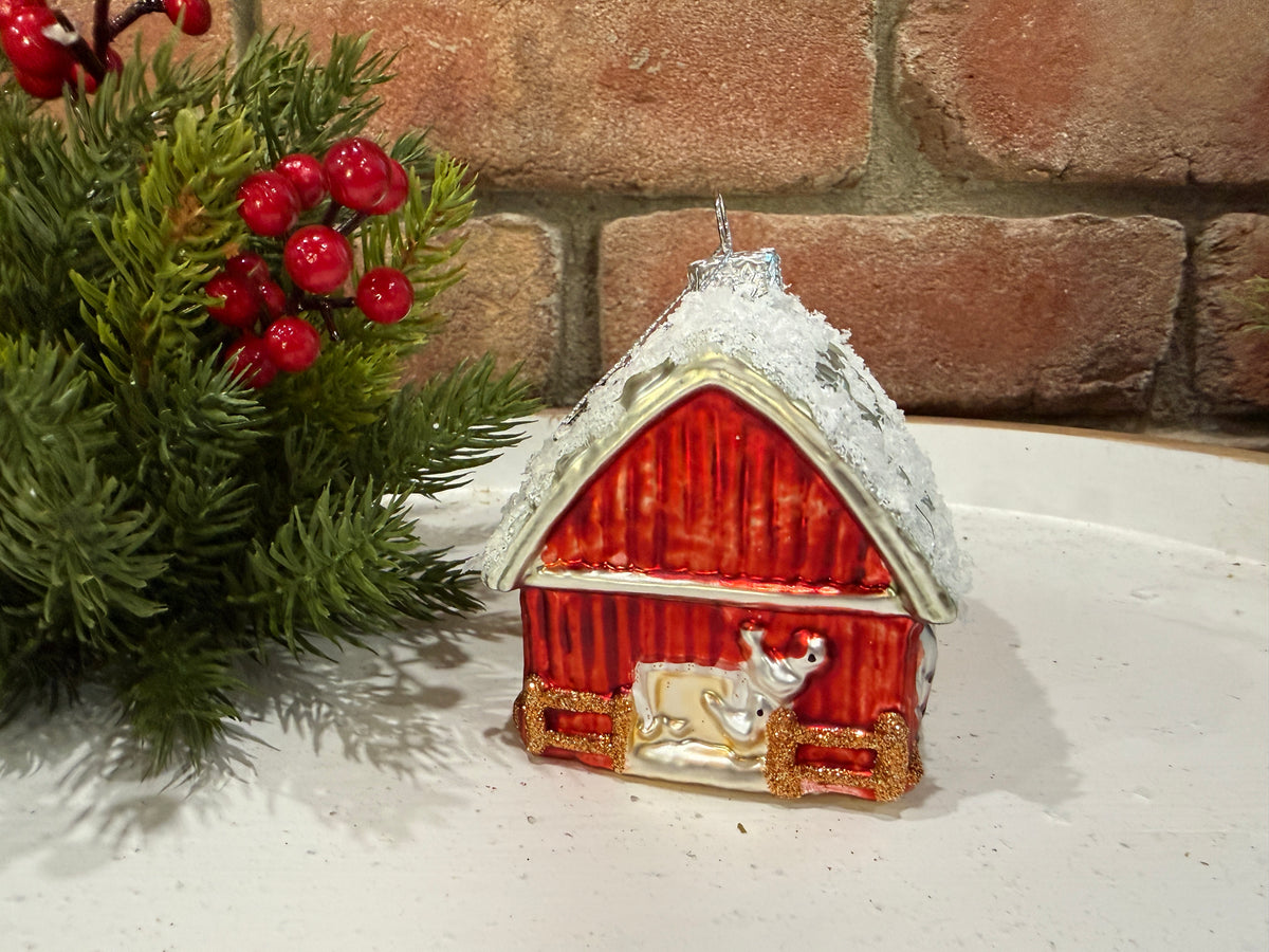 Winter Barn with Tractor Ornament