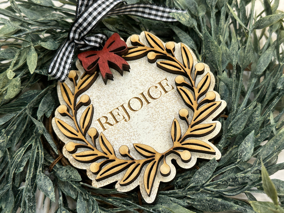 Handmade Rejoice Wreath Ornament