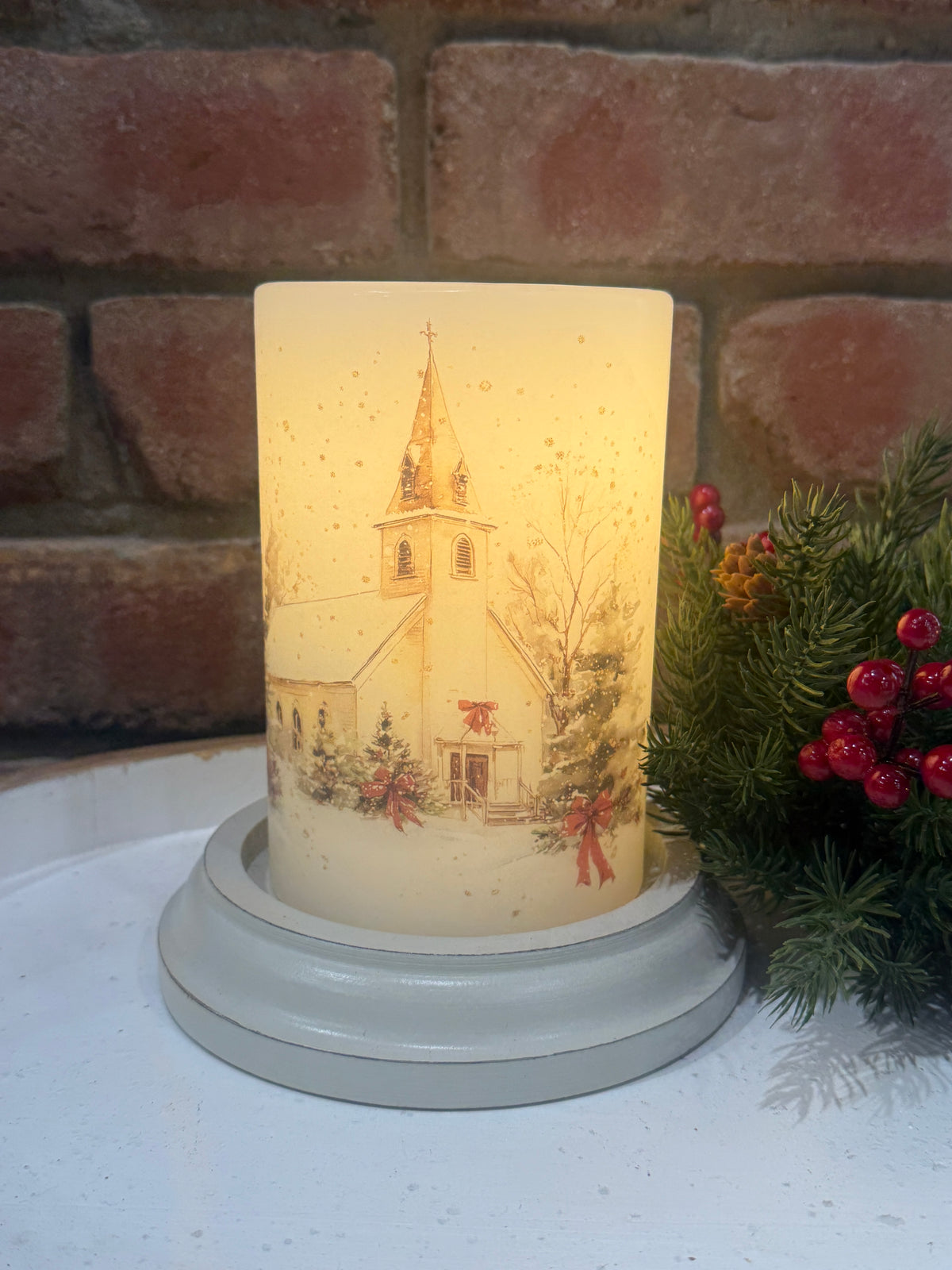 Winter Christmas Chapel Candle Sleeve