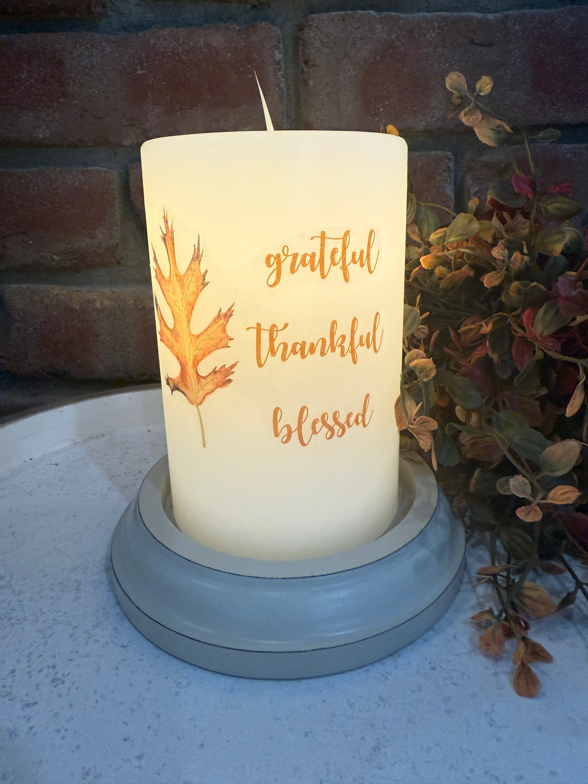 Grateful Thankful Blessed Leaf Candle Sleeve