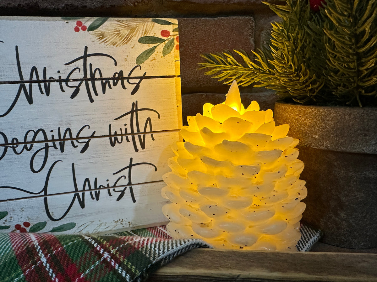 Moving Flame White Pinecone Candle - 2 Sizes