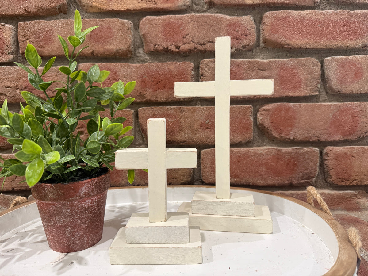 Wood White Cross on Stand - 2 Sizes