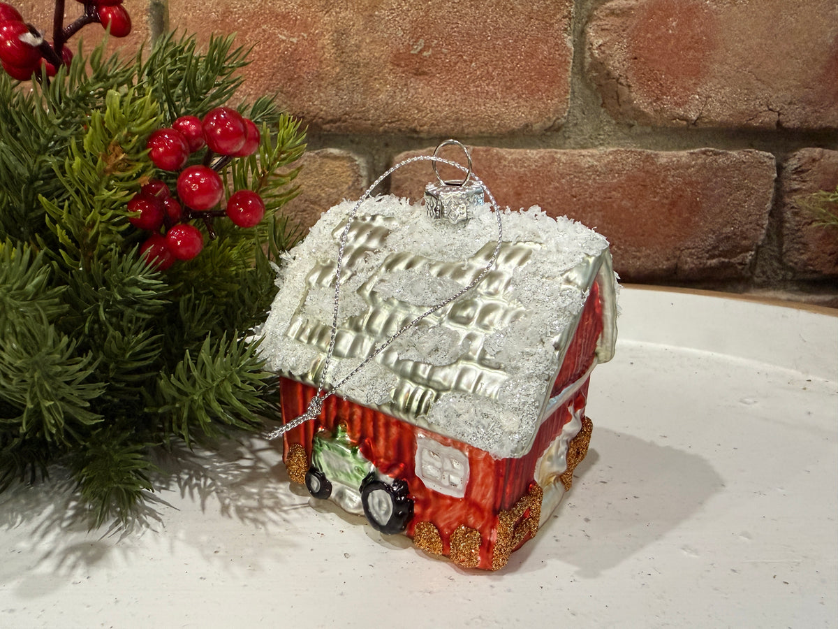 Winter Barn with Tractor Ornament