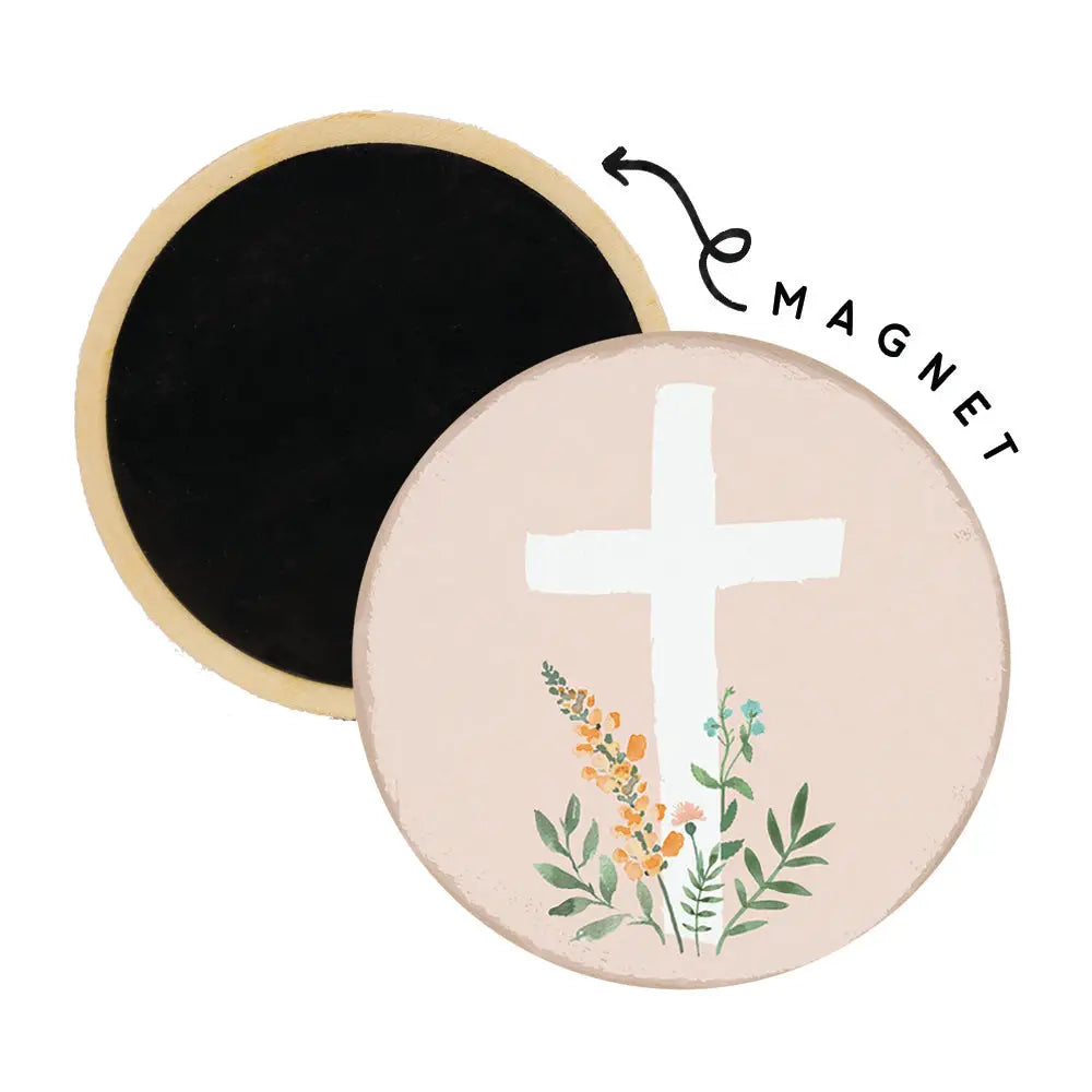 Pink Floral Cross Round Magnet