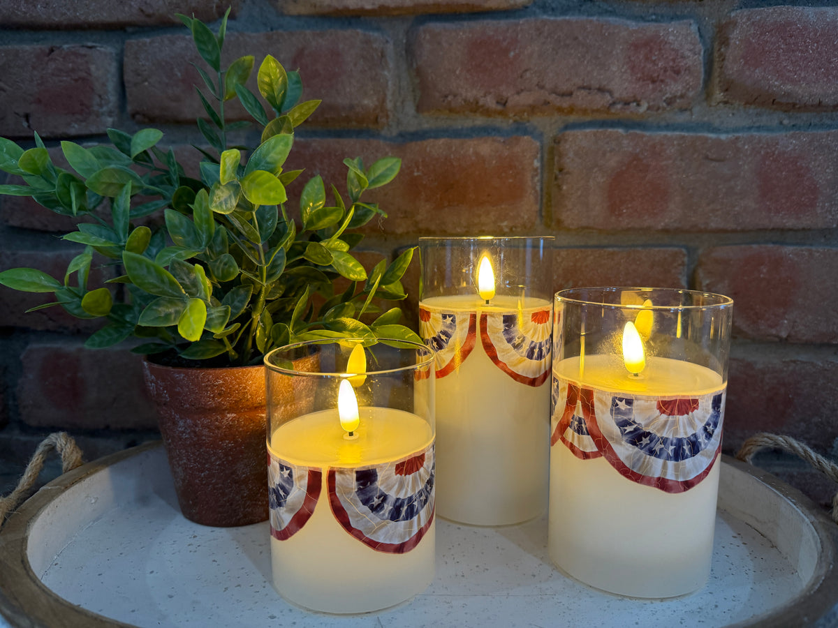 Patriotic Bunting Glass 3D Flame Candle - 3 Sizes