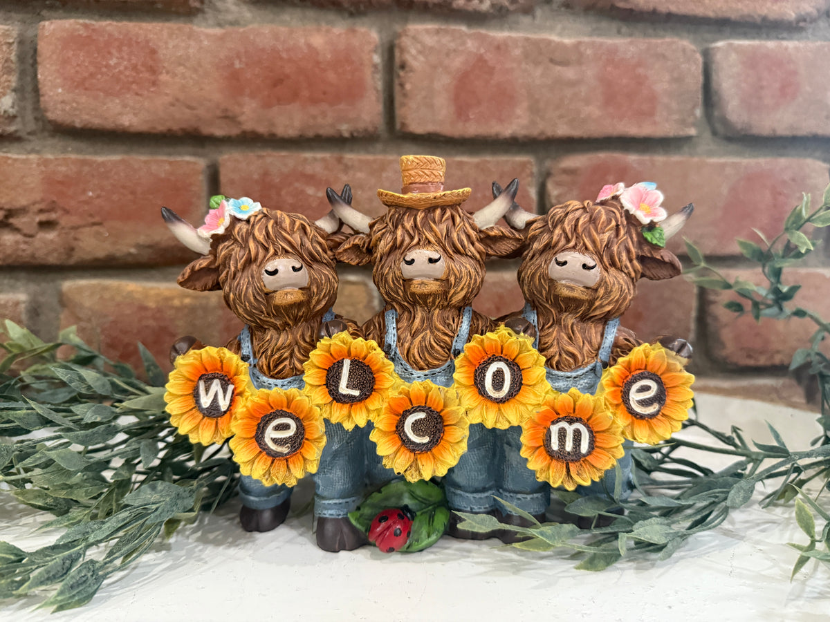 Highland Cows Sunflower Welcome