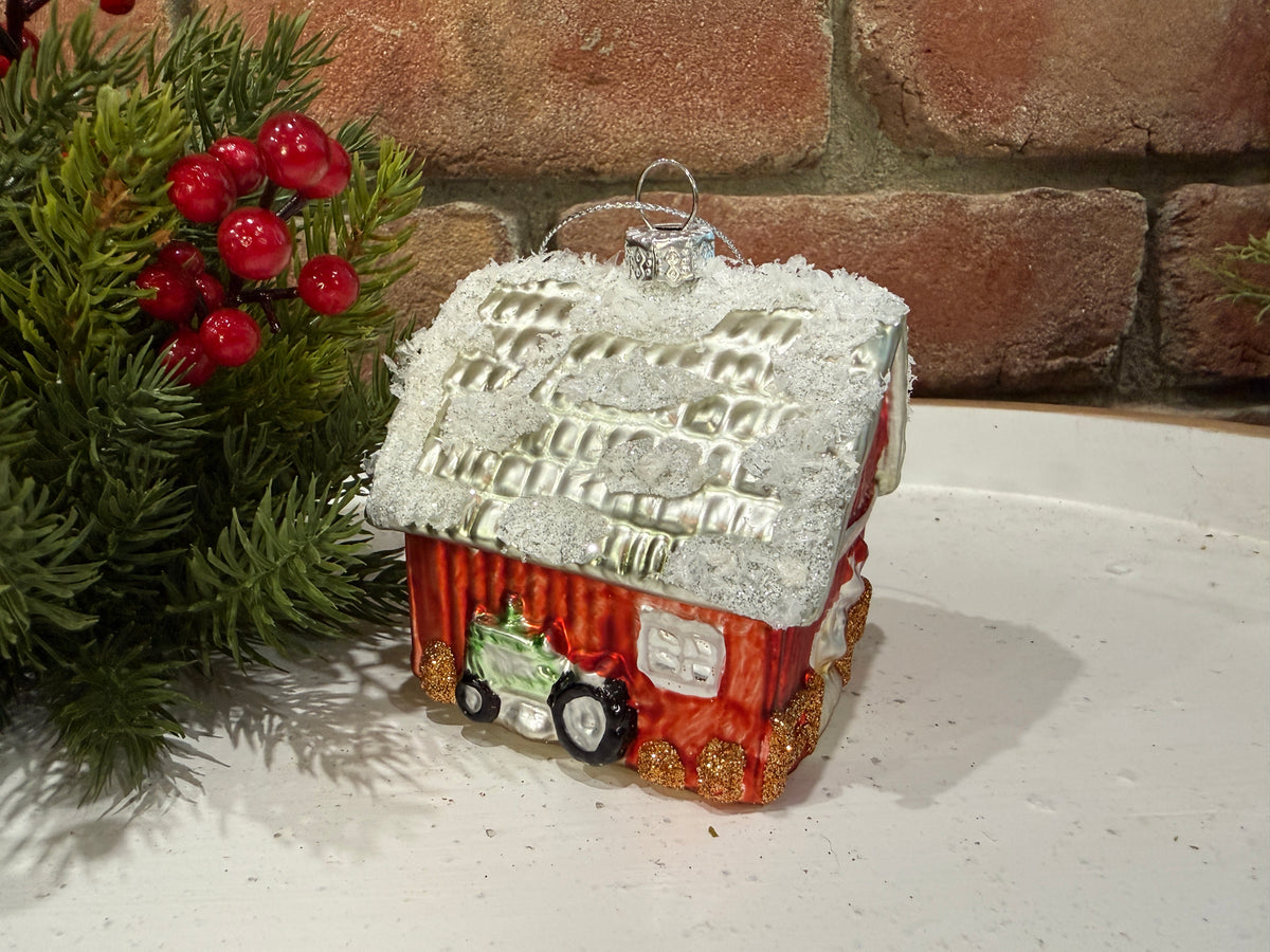 Winter Barn with Tractor Ornament