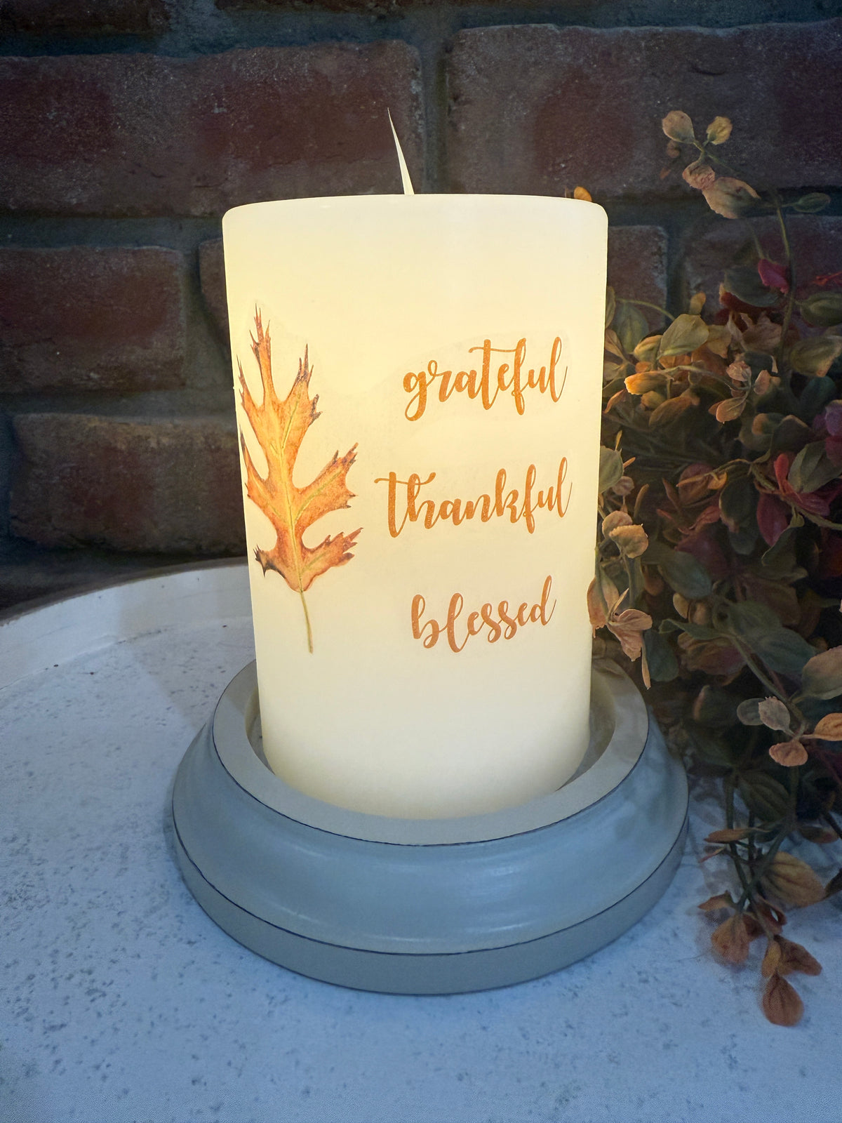 Grateful Thankful Blessed Leaf Candle Sleeve