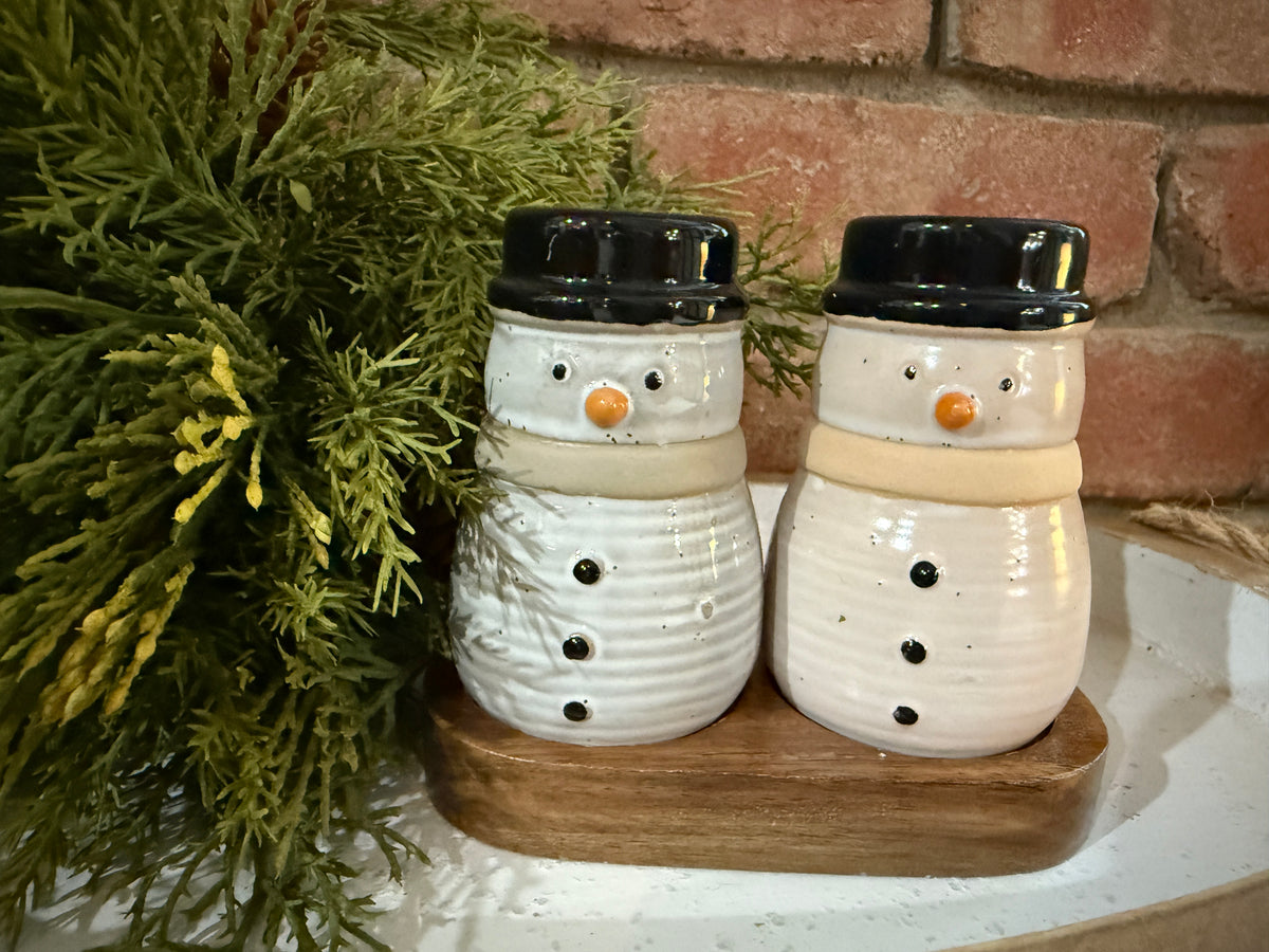 Snowman Salt and Pepper Shakers with Wood Tray