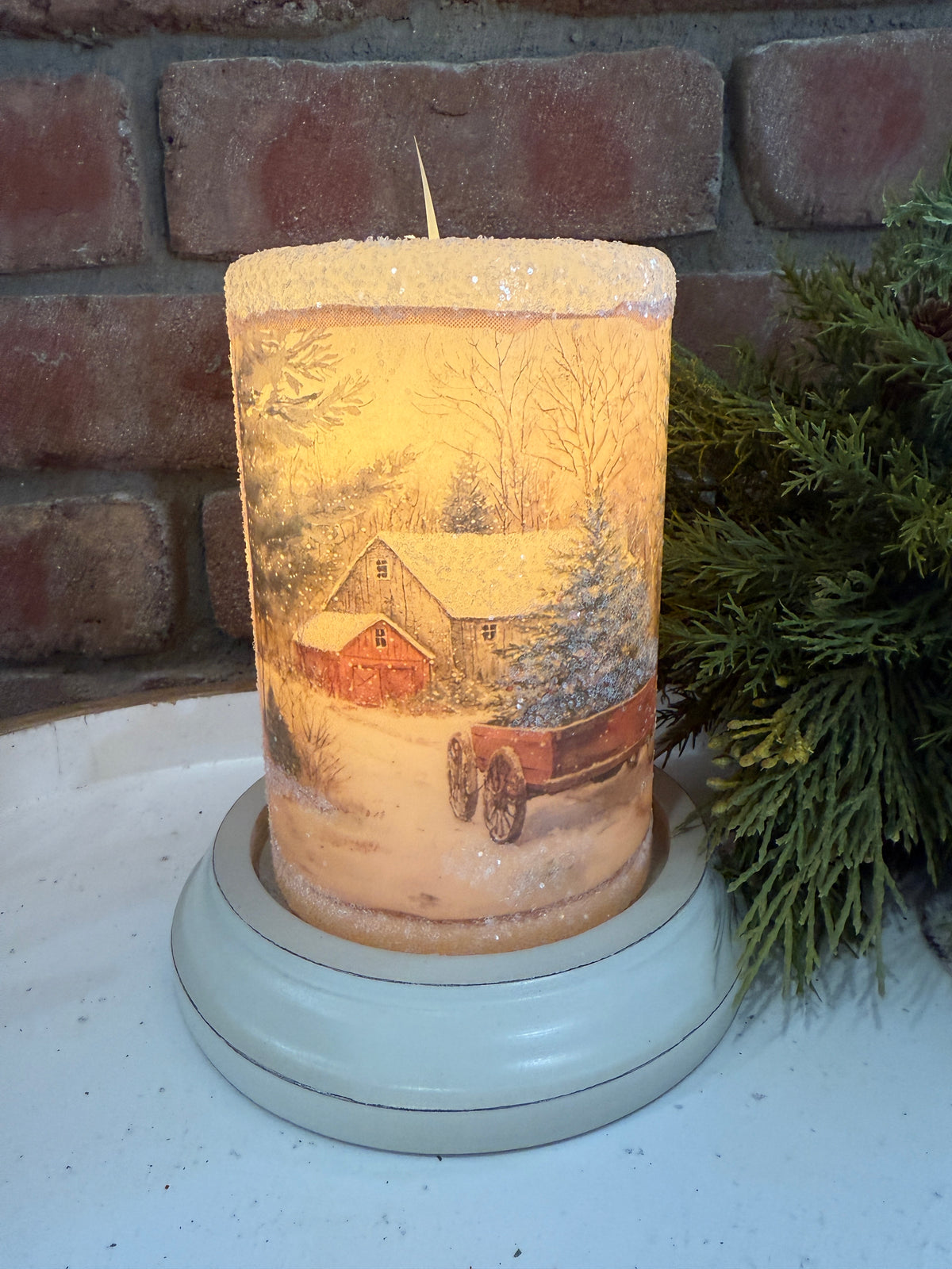 Vintage Snowy Farm Candle Sleeve