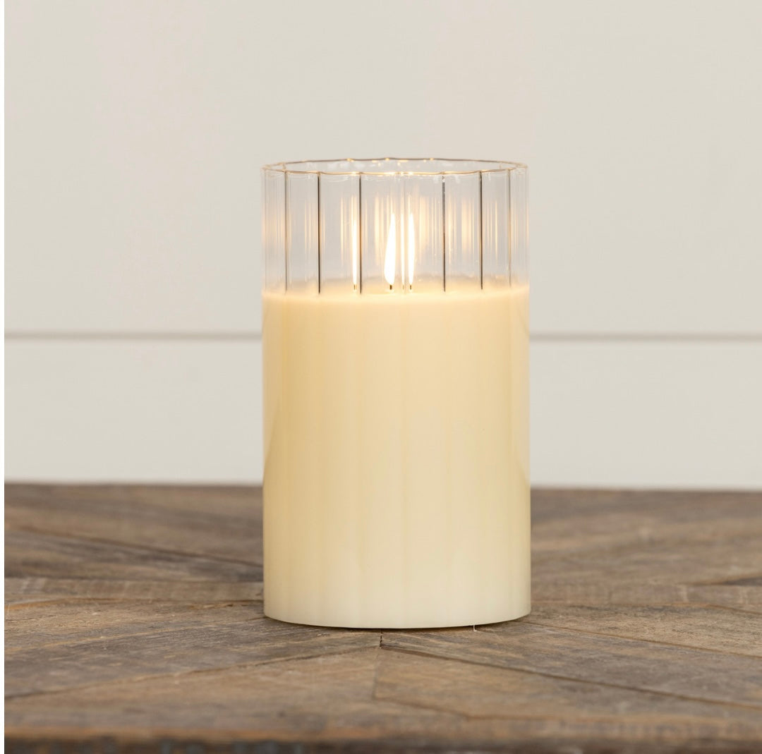 CREAM FLUTED GLASS 3D FLAME CANDLE - 2 SIZES