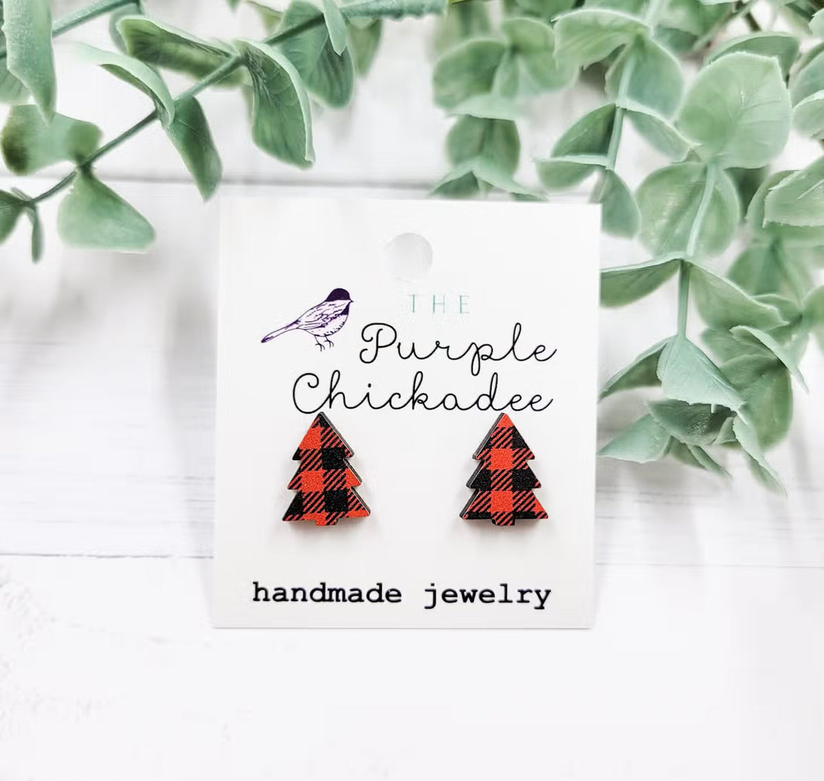 Red Plaid Tree Stud Earrings